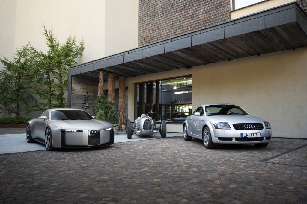 Audi Concept C: previewing a thrilling all-electric sports car - Audi Concept C, Audi TT, Auto Union Typ C - static outdoor shot, exterior