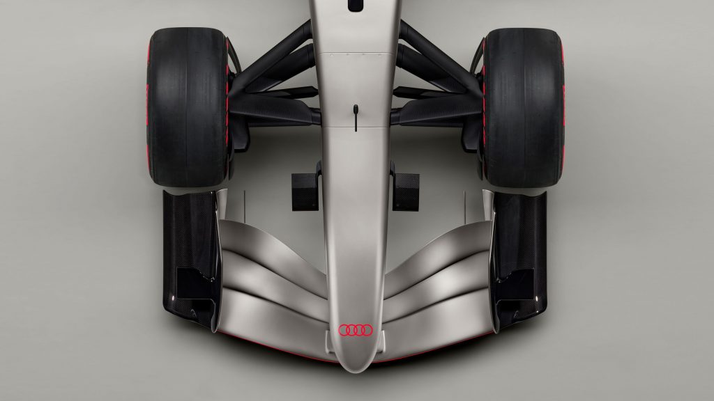 Audi R26 Concept - Indoor studio shot, exterior, bird’s-eye view, detail of wheel suspension, nose, and front wing